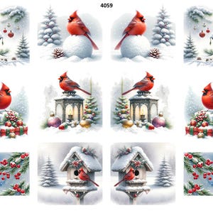 May include: Watercolor illustrations of red cardinals in a winter scene. The images feature cardinals perched on snow-covered lanterns, snowballs, and birdhouses, surrounded by Christmas trees and gifts. The overall theme is festive and seasonal.