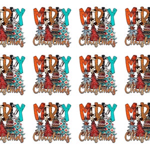May include: A repeating pattern of "Merry Christmas" designs. Each design features the word "MERRY" in orange and turquoise letters, with a decorative Christmas tree and the word "Christmas" below.