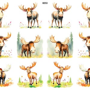 May include: Watercolor illustrations of moose in various poses. The moose have large antlers and are depicted in a whimsical style, standing in fields of flowers and grass. The image includes the number "8253".