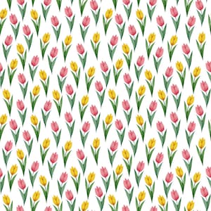 May include: A repeating pattern of yellow and pink tulips with green stems and leaves on a white background. The watercolor-style floral design is evenly spaced and creates a bright, cheerful aesthetic.
