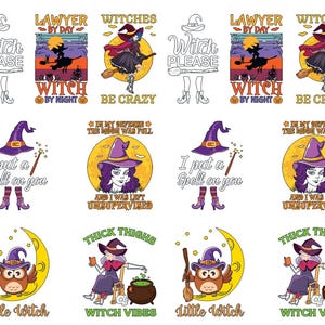 May include: A collection of Halloween-themed graphics featuring witches, owls, and witch-related phrases. Designs include a witch on a broomstick, a witch with a cauldron, and text like "Witch Please" and "Thick Thighs". The color palette includes purple, orange, and black.