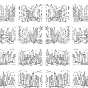 May include: A collection of black and white line drawings depicting various cityscapes. The images showcase detailed illustrations of buildings, streets, and skylines, offering a range of urban scenes.