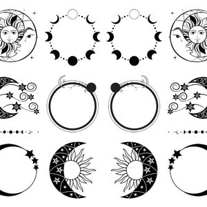 May include: Black and white celestial-themed illustrations featuring the sun, moon, stars, and phases of the moon. Designs include crescent moons with stars, sun faces, and circular frames with moon phases. Ideal for stickers or temporary tattoos.