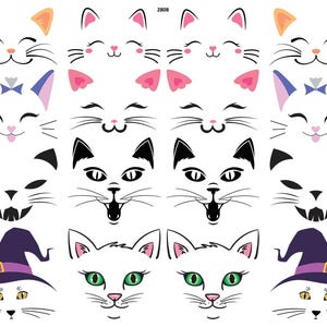 May include: A sheet of cat face stickers in various designs. Some cats have orange, pink, or black ears. Others have bows, witch hats, or green eyes. The cat faces have different expressions, including smiling, winking, and open mouths.