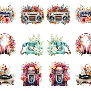 May include: Watercolor illustrations of vintage electronics, including a boombox, cassette player, headphones, rotary phone, jukebox, and record player. Each item is surrounded by colorful floral arrangements, creating a retro and artistic theme.