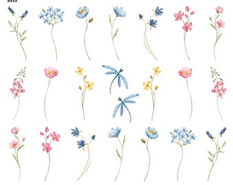 May include: Watercolor illustrations of various flowers and dragonflies in shades of pink, blue, and yellow. The floral designs include delicate blooms and stems, perfect for crafting or decorative purposes. The image features a variety of floral arrangements.