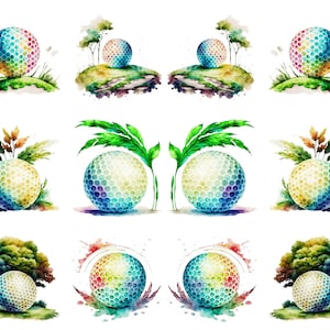 May include: Watercolor illustrations of golf balls with colorful, rainbow-like patterns. Each ball is depicted with grass, leaves, or small trees, creating a natural, artistic theme. The designs are vibrant and suitable for golf-related products.