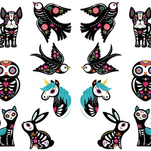 May include: A collection of Day of the Dead-themed illustrations featuring a dog, birds, an owl, a unicorn, a cat, and a rabbit. Each figure is black with white skeleton details and colorful floral accents in pink, yellow, and blue.