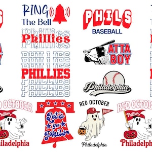 May include: A collection of Philadelphia Phillies baseball-themed graphics. Designs include the team name, baseballs, a batter, the phrase "Atta Boy," and a ghost holding a Phillies flag and pumpkin. Colors are red, white, and blue.