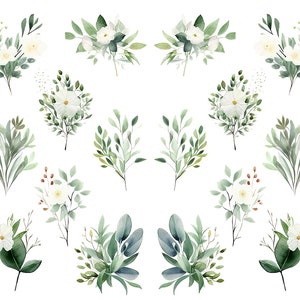 May include: Watercolor floral arrangements featuring white flowers and green foliage. The image includes various bouquets and sprigs with detailed leaves and delicate blossoms, perfect for crafting or design projects.