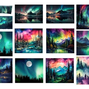 May include: A collection of watercolor paintings depicting the aurora borealis over various landscapes. Each piece showcases vibrant colors like green, purple, and pink, with silhouettes of trees and mountains reflected in water.