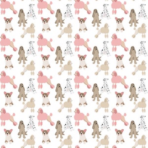 May include: A repeating pattern of various dog breeds on a white background. The dogs include pink poodles, tan corgis, dalmatians, and other breeds in shades of tan and brown. The number "8522" is in the top left corner.