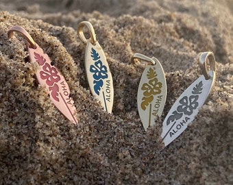 Solid Gold Glowing Enamel Aloha Surf Board Pendant, Colorful Beach Jewelry, Personalized flower necklace, surf chain