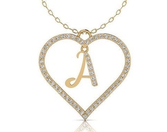 10k 14k Heart Shaped Diamond Trimmed Initial Pendant - Diamond Heart Charm with Diamond Initial - Letters A-Z Available w/ Chain Attached