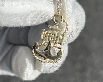 10k 14k 18k US Navy Anchor Pendant w/ Diamond Bail - Gold Diamond Anchor Pendant - Gold USN Pendant - Military Pendant