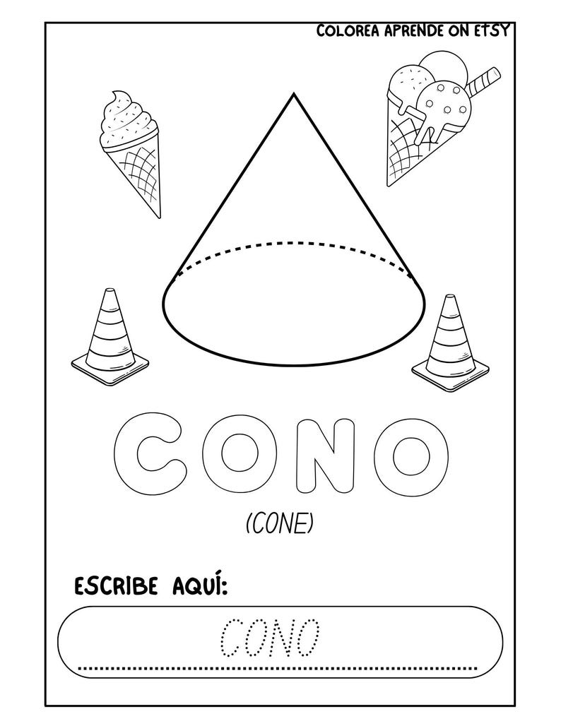 Cones Writing Shapes Coloring Book: Bilingual Spanish & English, Geometric Learning ...
