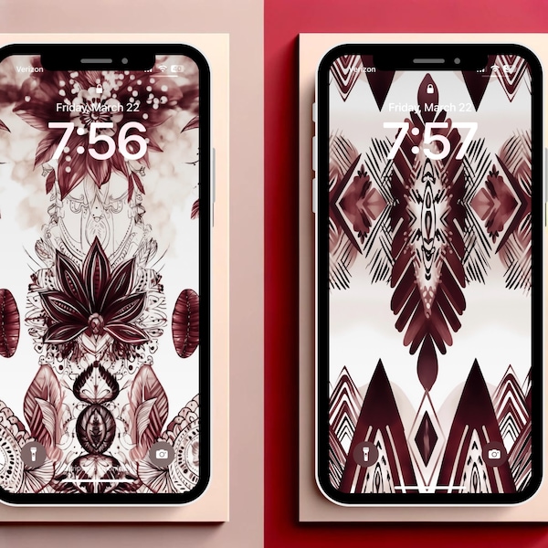 Tribal Red & Botanical Mandala - Digital Download Boho Phone Wallpaper Set