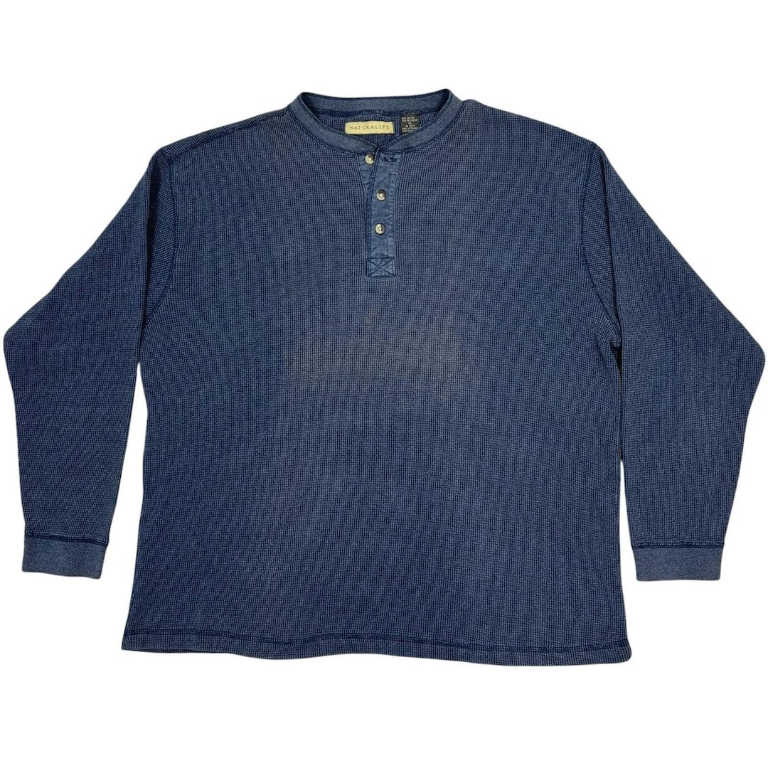 Naturalife Henley Shirt XL Blue Waffle Knit Long L/S Vintage Thermal ...