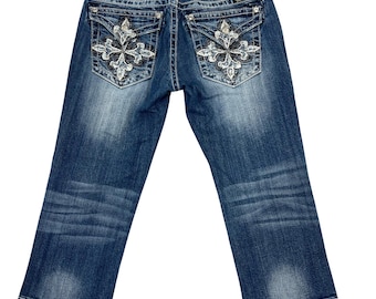 Miss Me Y2K Low-Rise Capri Jeans 29" Cross Flap Pockets Rhinestone McBling Retro