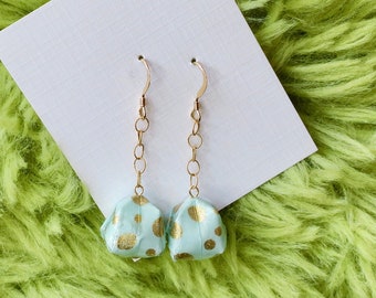 Turquoise Polka Dot Origami Earrings / Handmade Accessory / Japanese Earrings / Unique Gift Girlfriend / Gift for Mom / Gold Dangle Earrings
