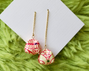 Pink Swirled Origami Earrings / Gold Threader Earrings / Long Dangle Accessory / Unique Gift for Her / Japanese Jewelry