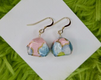 High End Crystal Origami Earrings / Pink Blue Gold Chiyogami Earrings/Handmade Accessory/Japanese Earrings/Unique Gift for Her/Gold Dangles