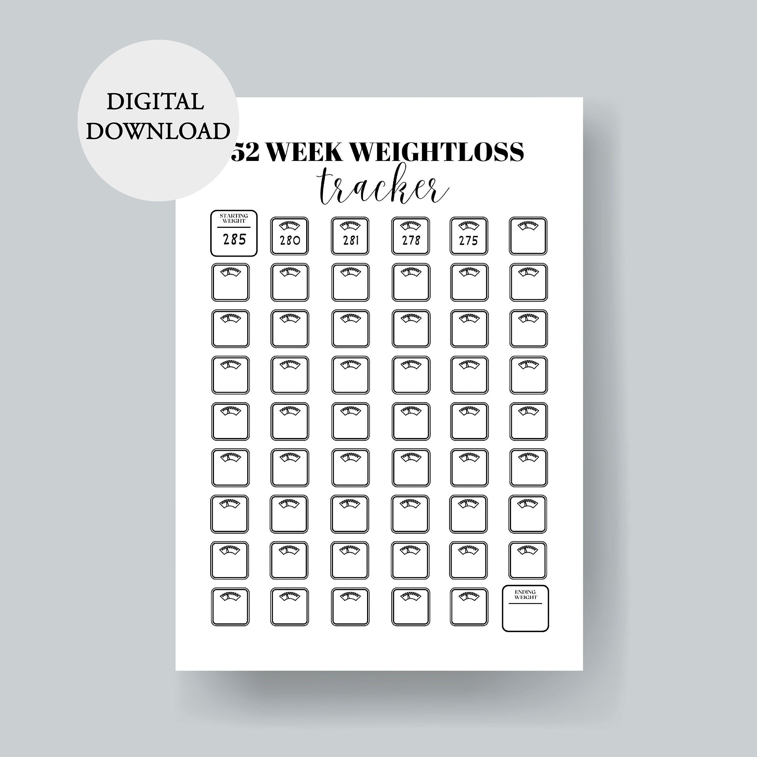 52 Weeks Weight Loss Tracker, Weight Tracker Planning Template, Journal ...