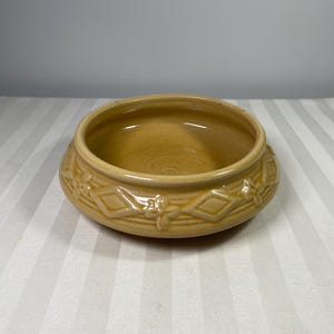 Unmarked Yellow Planter Bowl Art Pottery with Flower and Diamond Pattern