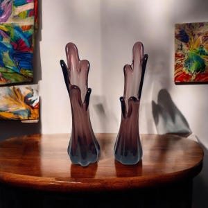 Pair of Purple Vintage Art Glass Mid Century Modern Amethyst Purple Hand Blown Vase 5 Finger