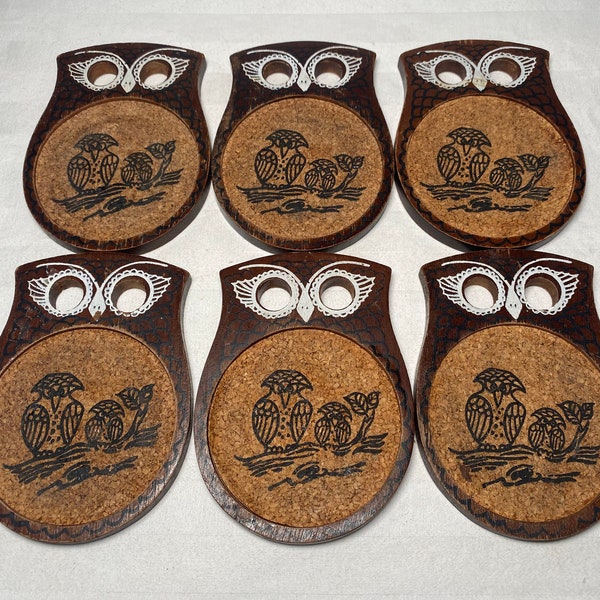 Owl Coaster Set of 6 Wood & Cork MCM Kitsch Cute Vintage Serving Barware Kitchenware Decor