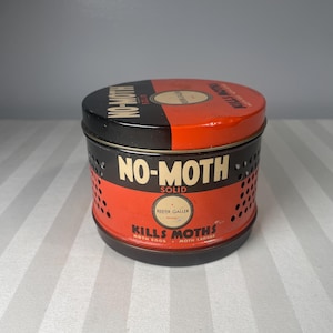Vintage Reefer-Galler No Moth Empty Tin Can 1950’s Black Orange