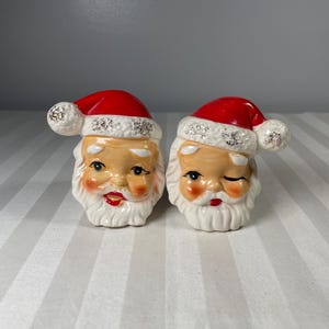 Vintage Santa Face Salt & Pepper Shakers Ceramic Japan 3.25&quot; Hand Painted Wink