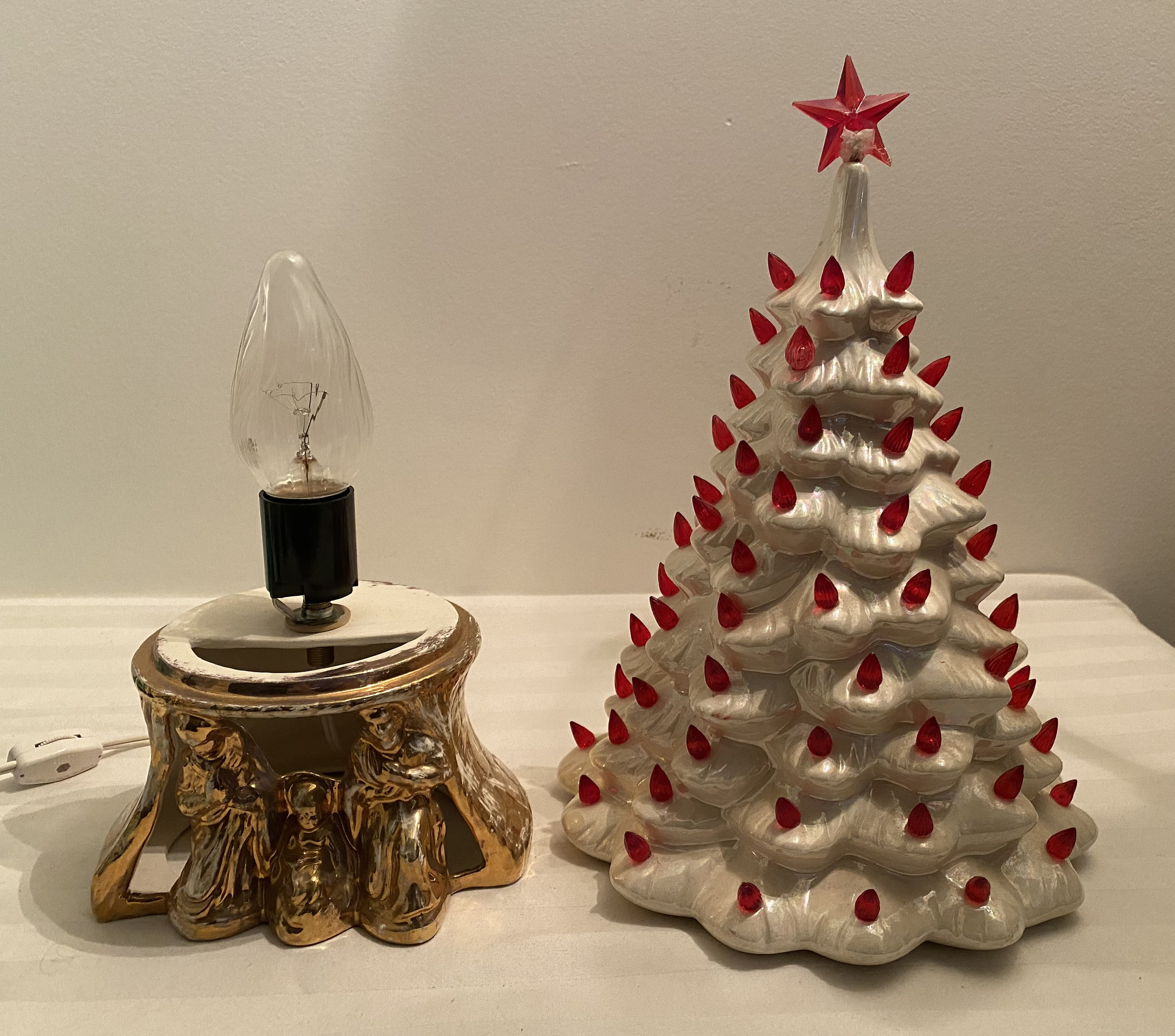 Vintage 16 Nowell Ceramic Lighted Christmas Tree W Base Red Lights Jesus Mary Joesph Etsy