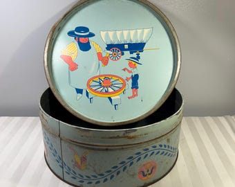 Vintage Pennsylvania Dutch Amish Round Cookie Pretzel Litho Metal Tin Large 12x5