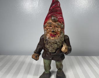 Tope de puerta de gnomo de hierro fundido antiguo, superraro, estatua artística fabulosa de Hubley, 11.5"