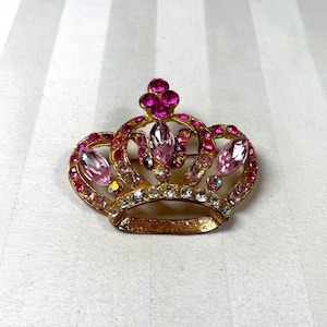 Vintage Crown Shaped Multi-colored Rhinestone and Gem Brooch Pin with Gold Tone