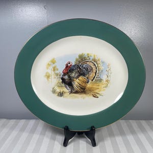 May include: An oval serving platter with a green border and a gold rim. The centre features a detailed illustration of a turkey in a field. The platter is displayed on a black stand.