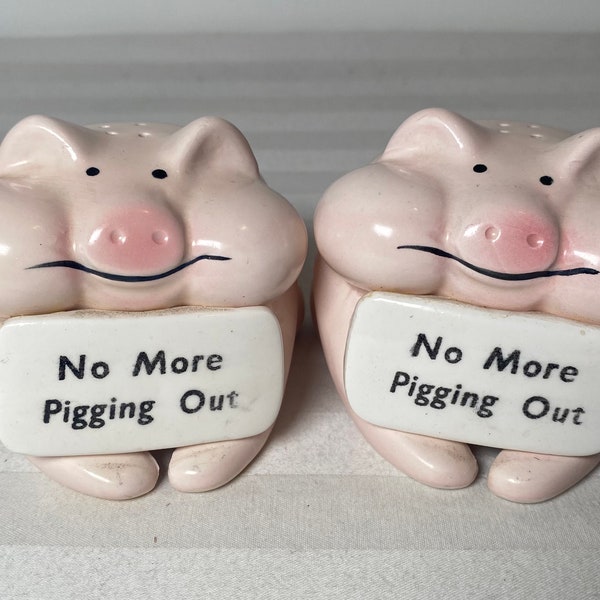Vintage Pink Pig No More Pigging Out Sign Porcelain Salt & Pepper Shaker 2.5H”