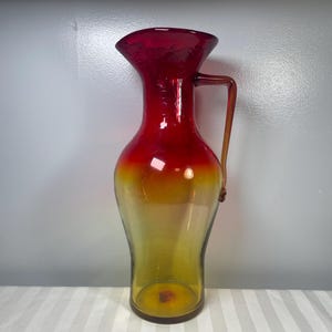 Tall Amberina Blenko Crackle Art Glass Pitcher 16&quot;