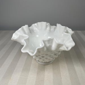 Vintage Fenton White Milk Glass Hobnail Ruffled Fluted Bowl