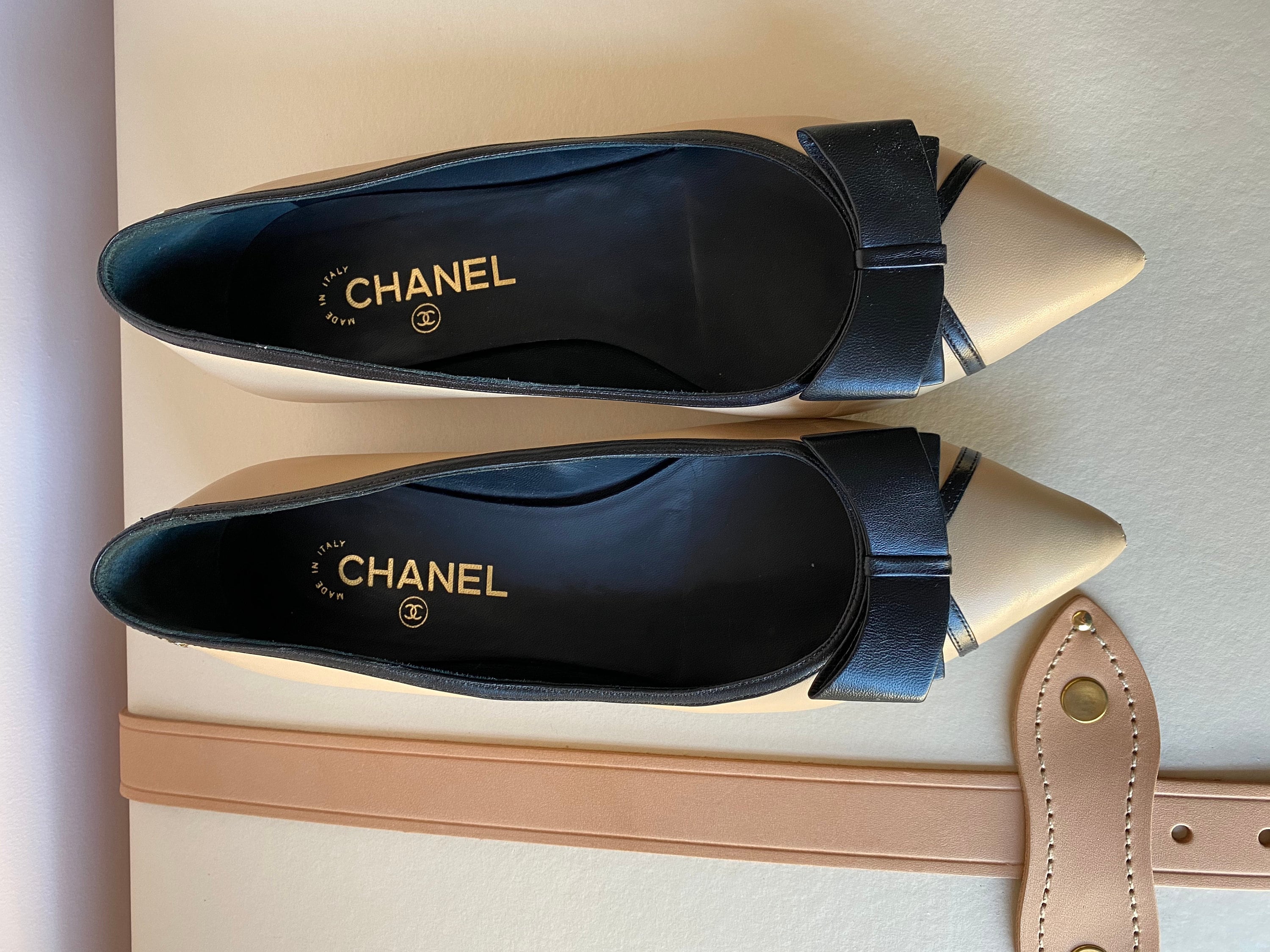 Tan and Black CHANEL Ballet Pumps With Black Bow 