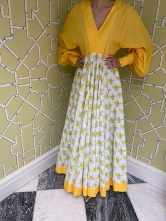 Rare JEAN VARON 1970s Yellow Maxi Dress with Flora