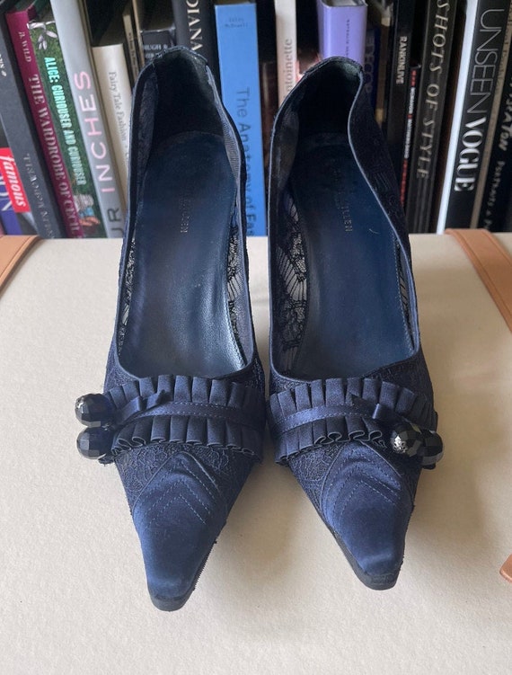 1990s KAREN MILLEN Blue Lace Heeled Shoes With Frill Detail