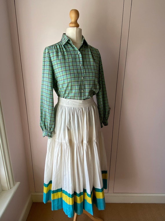 Vintage full cotton skirt with striped teal blue, 