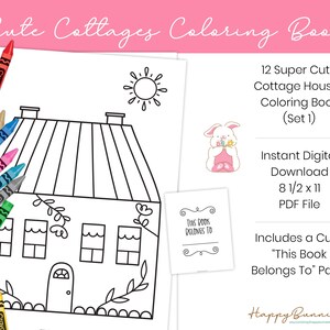 Cute Cottages Coloring Book, Set of 12, House Coloring Pages, House Coloring for Teens and Adults, Instant Download Printable