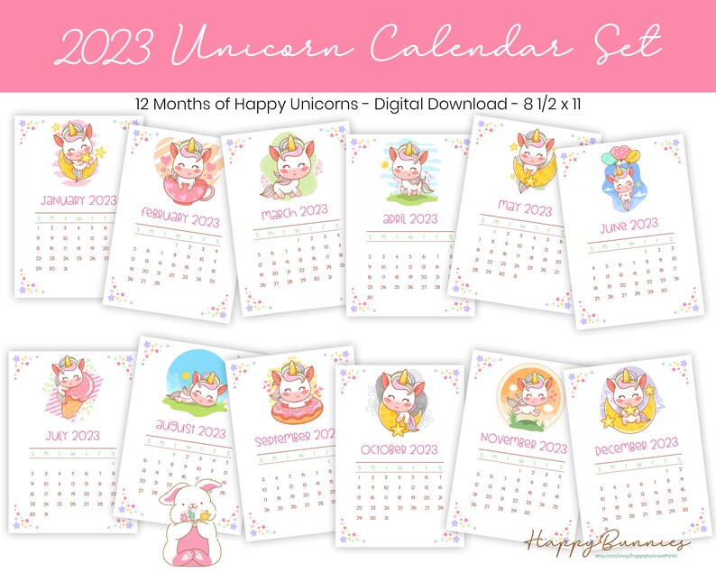 Printable Unicorn Calendar 2023
