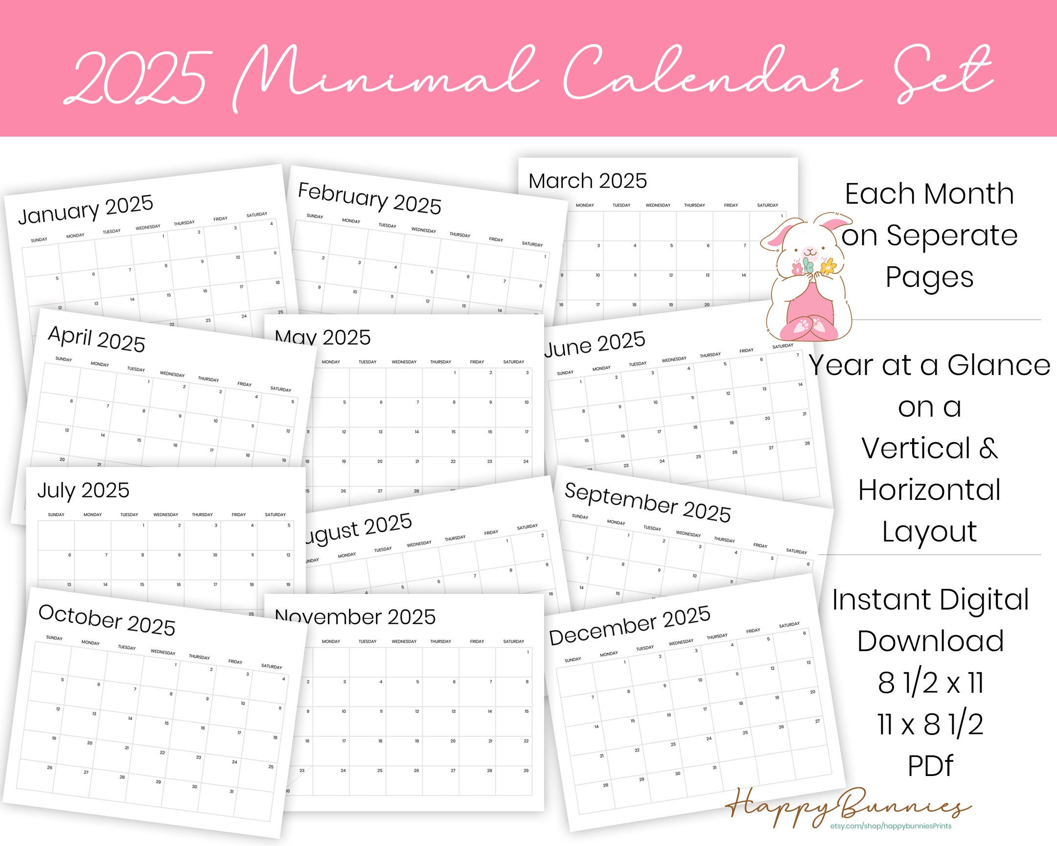 2025 Printable Minimal Calendar Set, 2025 Printable Calendar, 2025 Printable Black and White Calendar, Printable Calendar, Instant Download