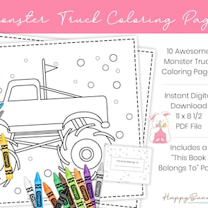 Monster Truck Coloring Pages, Set of 10, Monster Truck Printables, Monster Truck Activities, Printable Coloring Pages, Instant Download