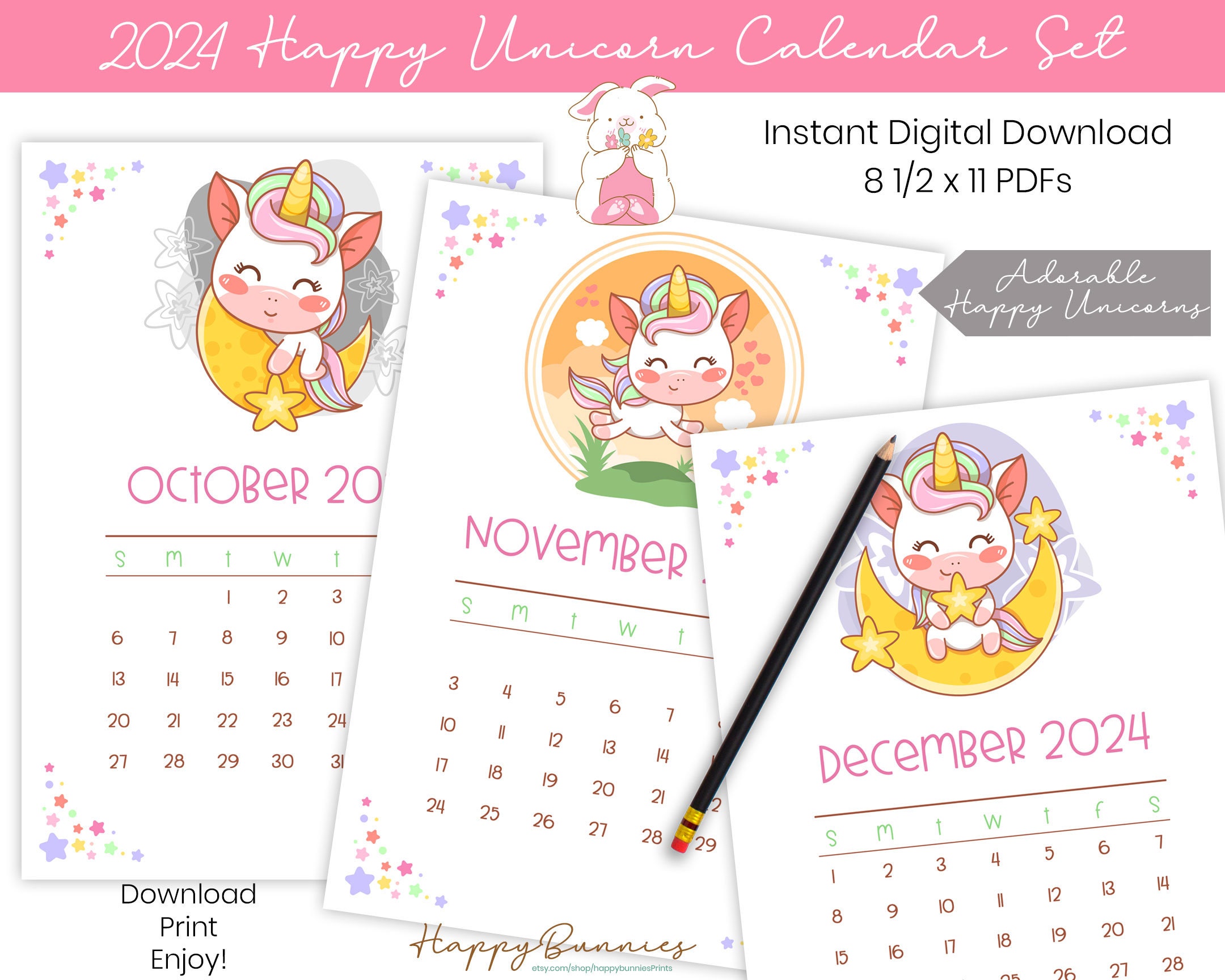 2024 Printable Unicorn Calendar, 2024 Printable Calendar, 2024 Unicorn ...
