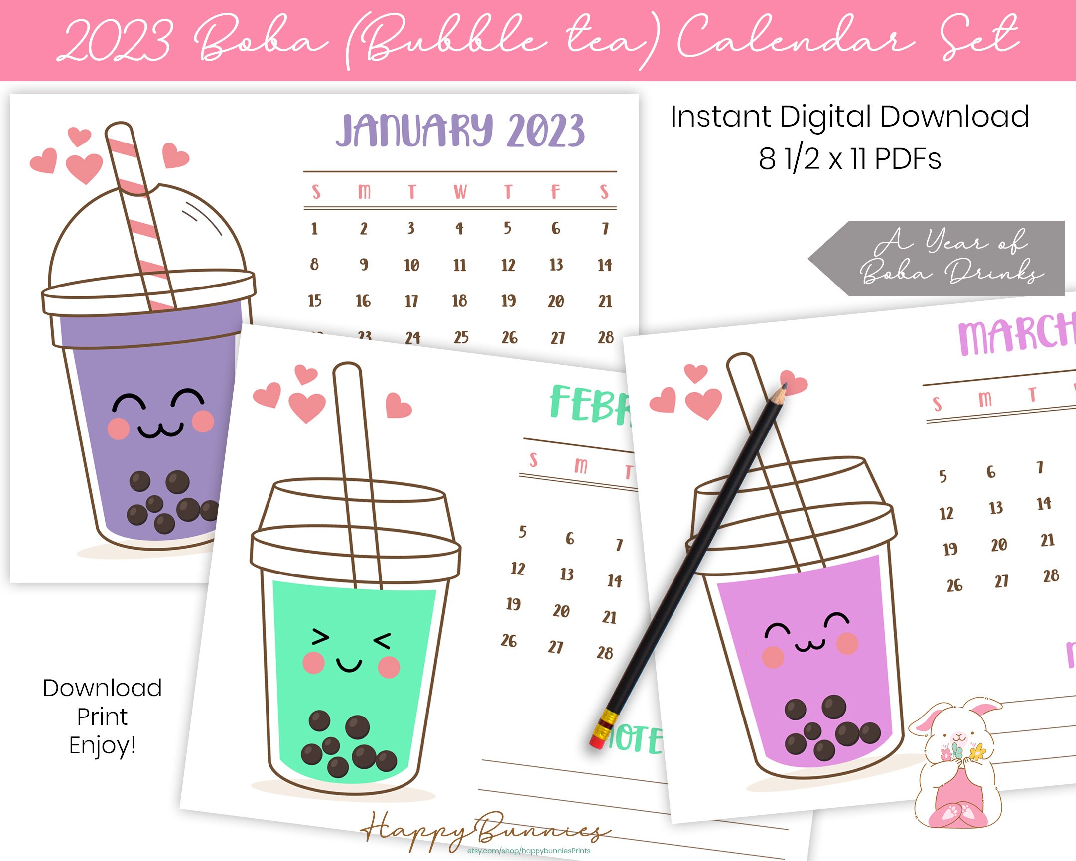 2023 Printable Boba Drink Calendar, 2023 Printable Boba Calendar, 2023